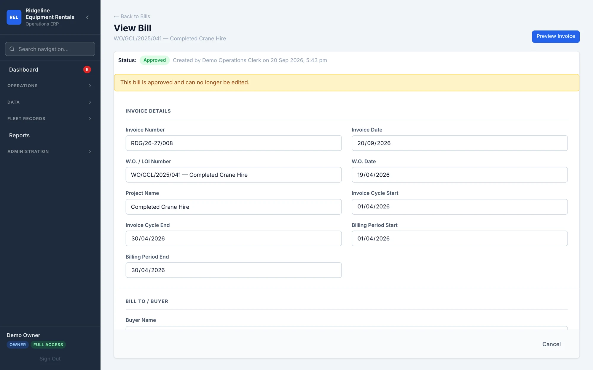 Approved invoice detail view, locked against editing