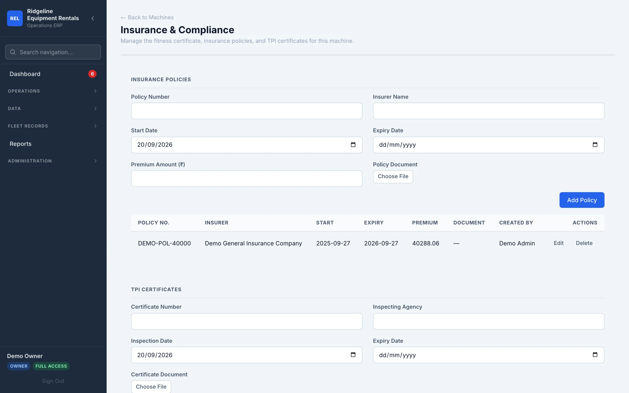 Machine insurance and third-party inspection certificate history with expiry dates