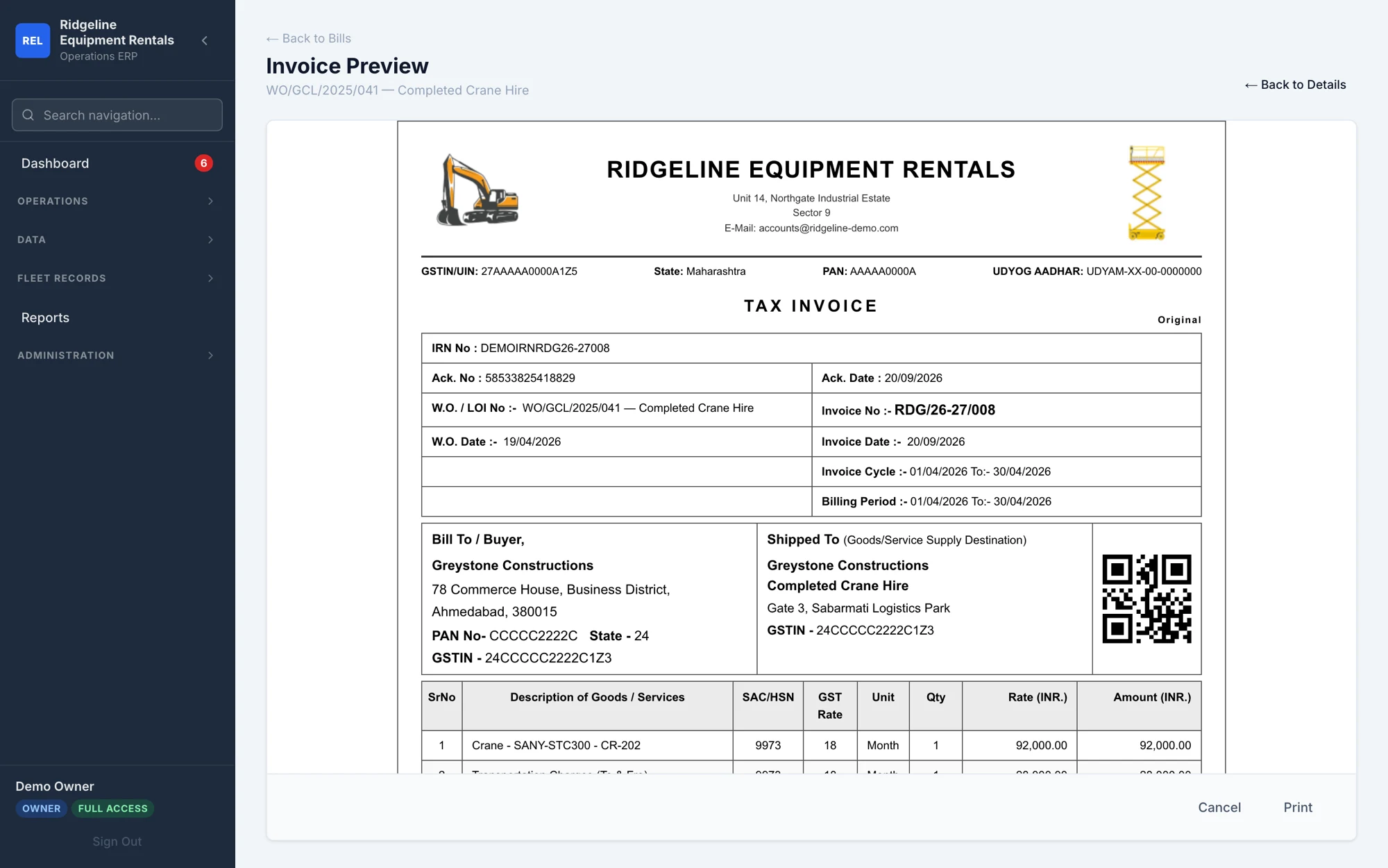 Printed A4 tax invoice with full GST breakdown, amount in words and the government e-invoice QR code