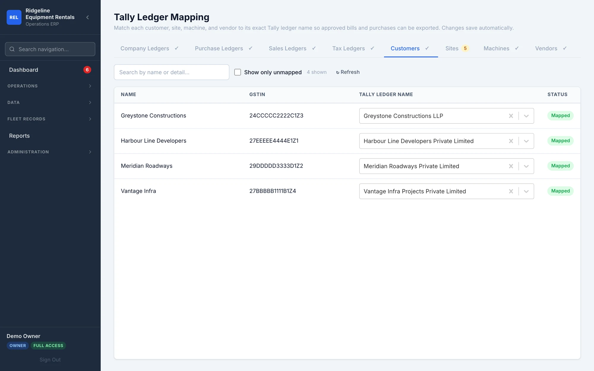 Tally ledger mapping screen pairing machines and charge heads with accounting ledgers