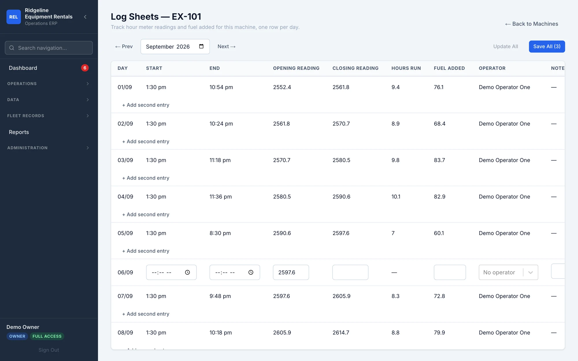Machine log sheet history with opening and closing meter readings, hours run and fuel per shift