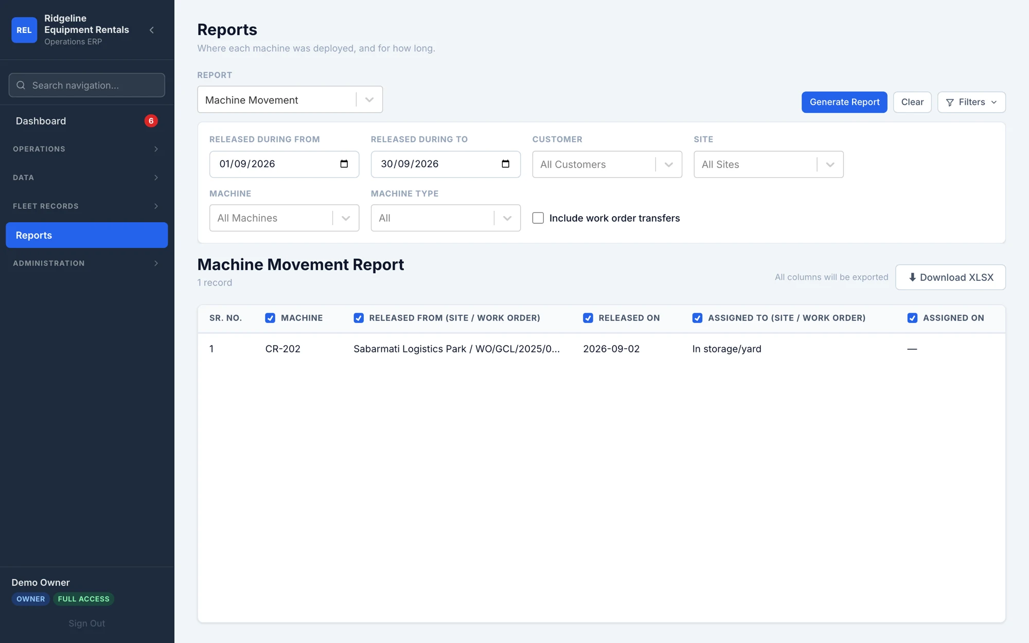 Machine movement report showing each deployment, its dates and where the machine went next