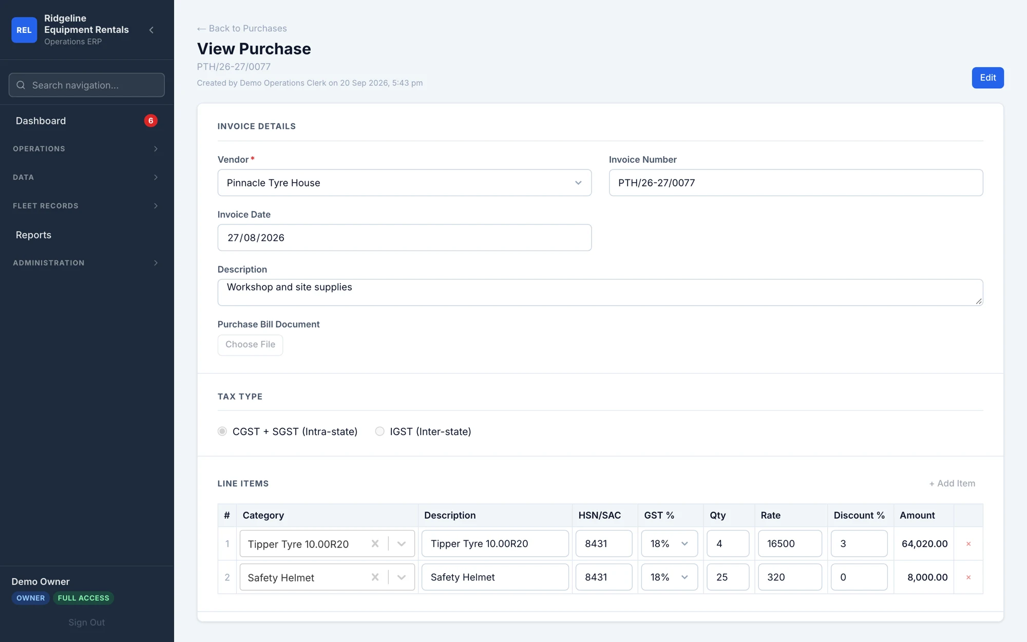 Purchase detail showing vendor invoice line items categorised into spares, site goods and batteries