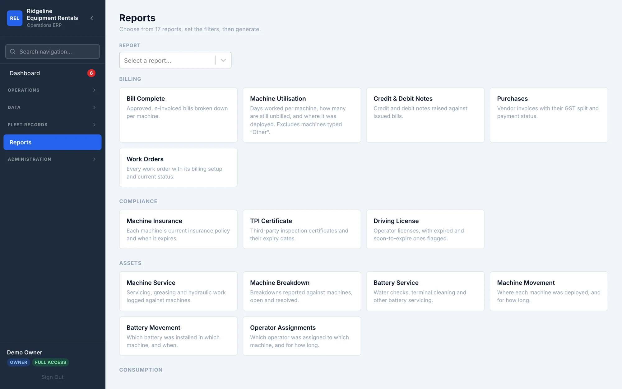 Report catalogue showing seventeen reports grouped by business function