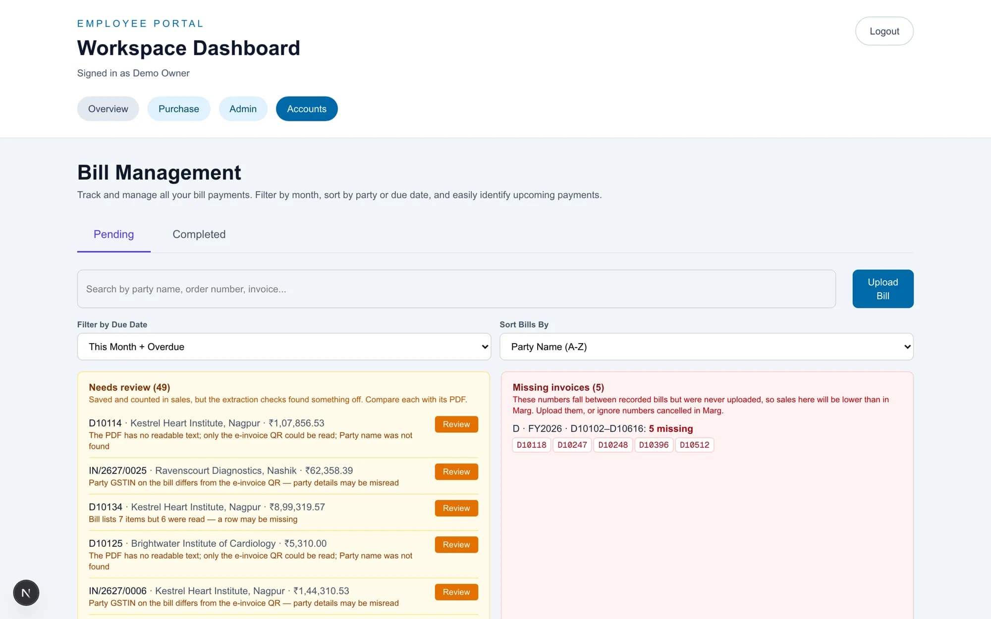 Bill management screen with panels for invoices needing review and invoice numbers missing from a series