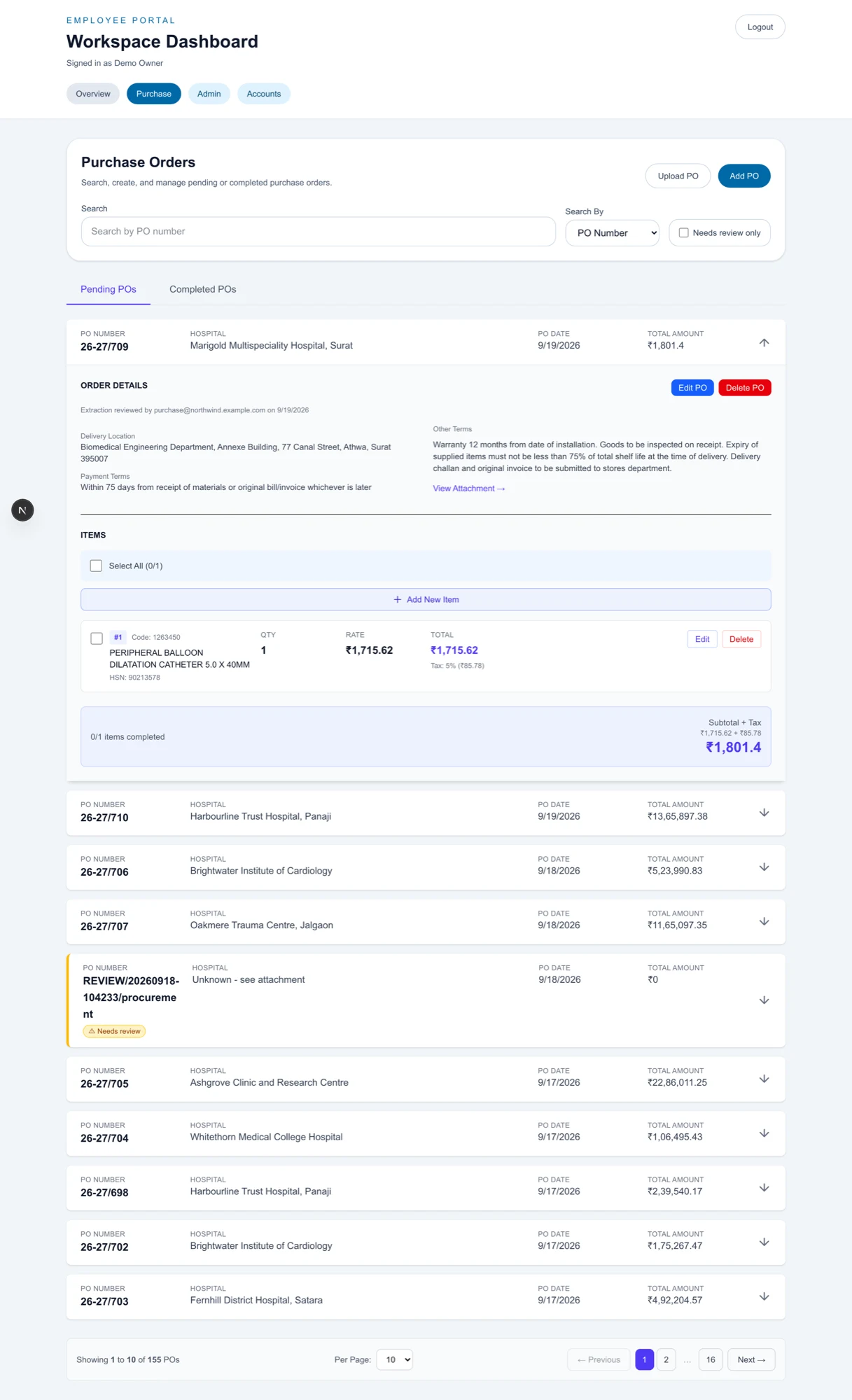 Expanded purchase order showing line items with HSN codes, tax rates and tax-source badges
