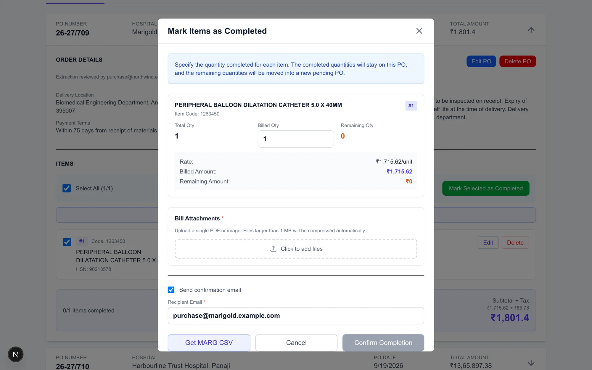 Part-delivery dialog showing billed versus remaining quantity per line