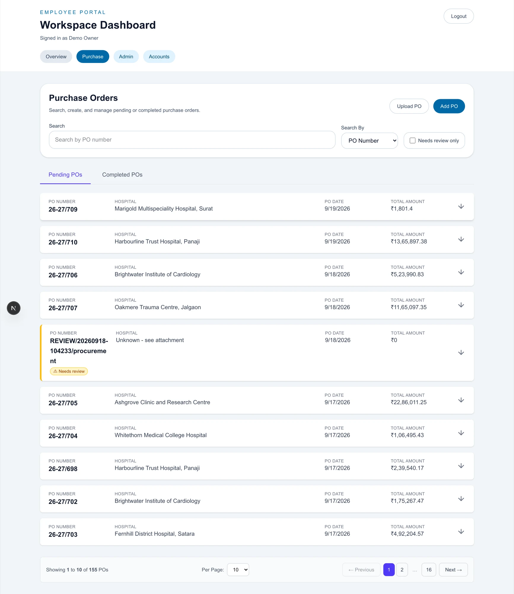 Purchase order register listing pending orders with hospital, value and date